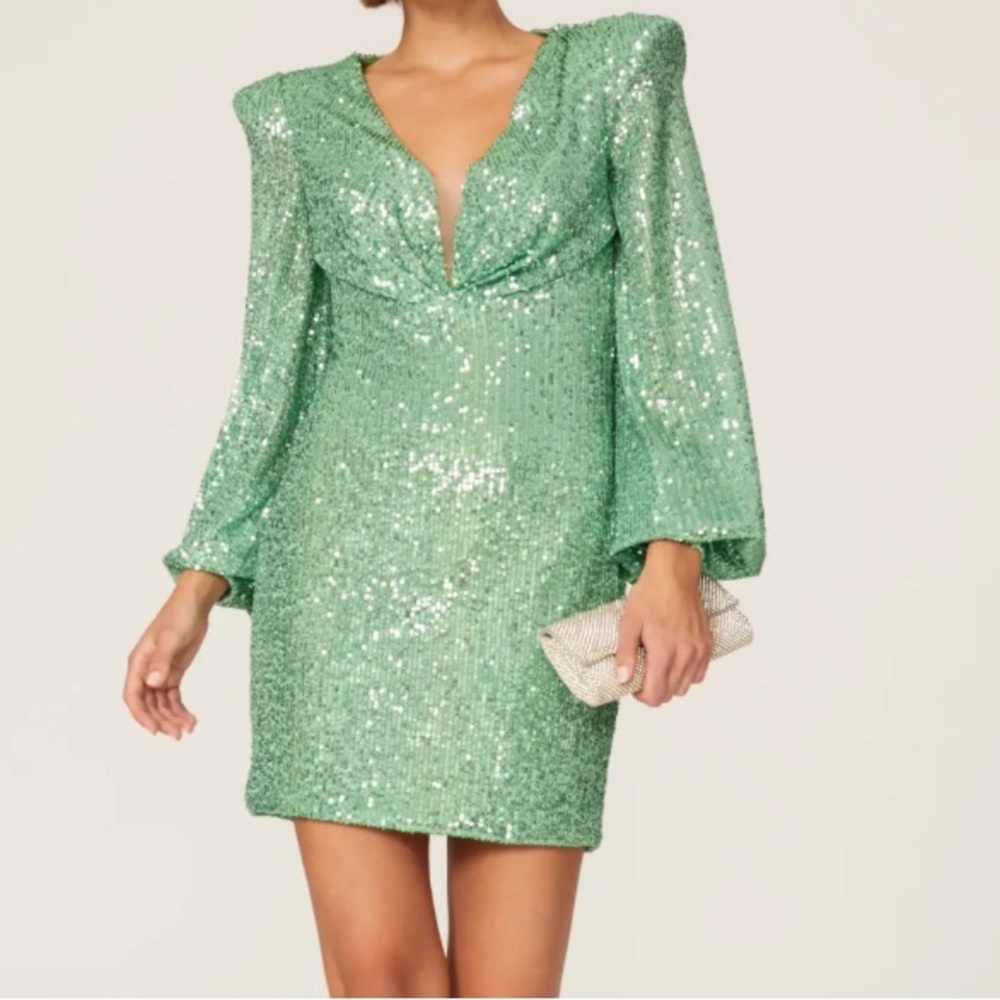 Ieena for Mac Duggal Green Sequins Blouson Sleeves Dress Size 4